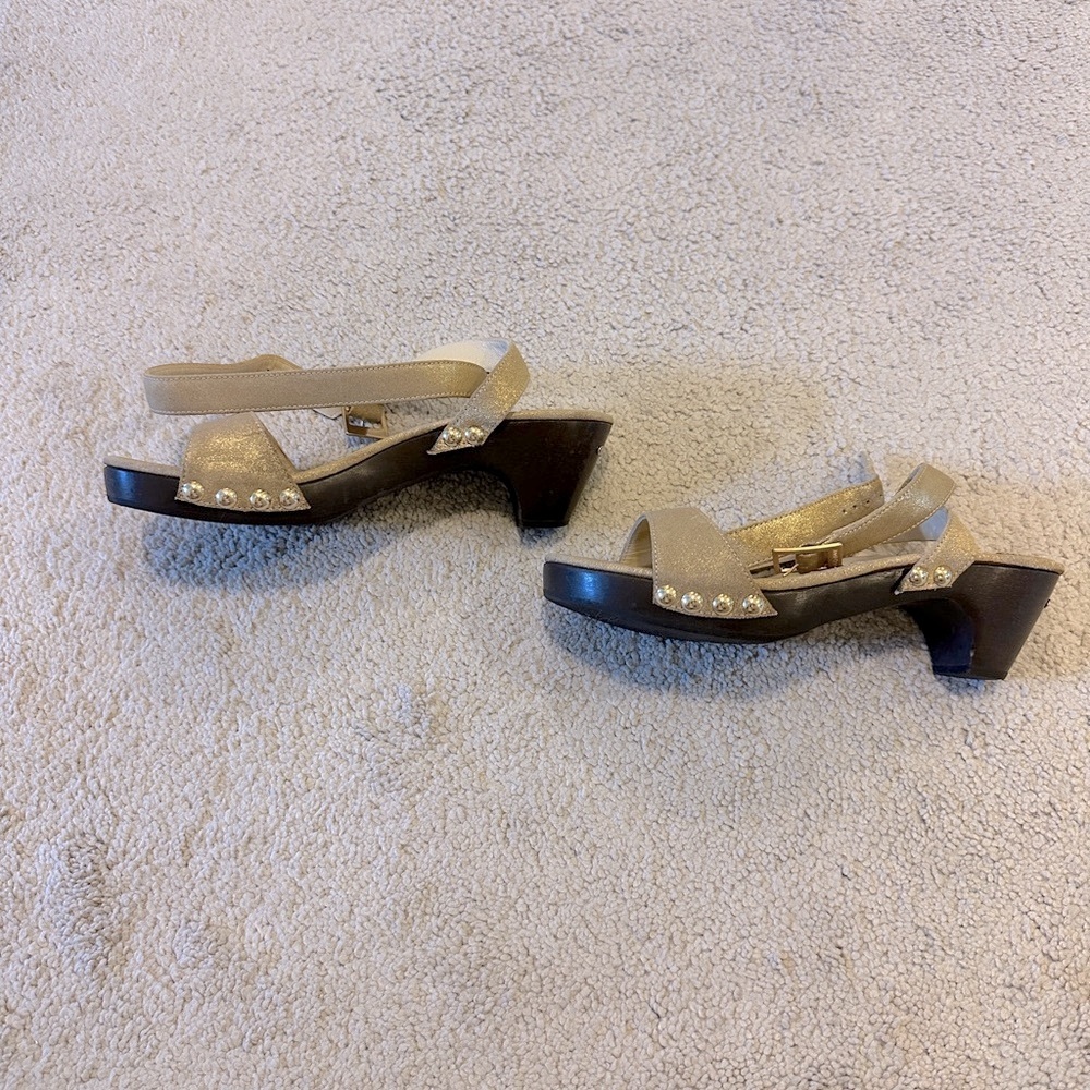 Jimmy Choo Gold Lame Leather Women's Wooden Clog Ankle Strap Sandals